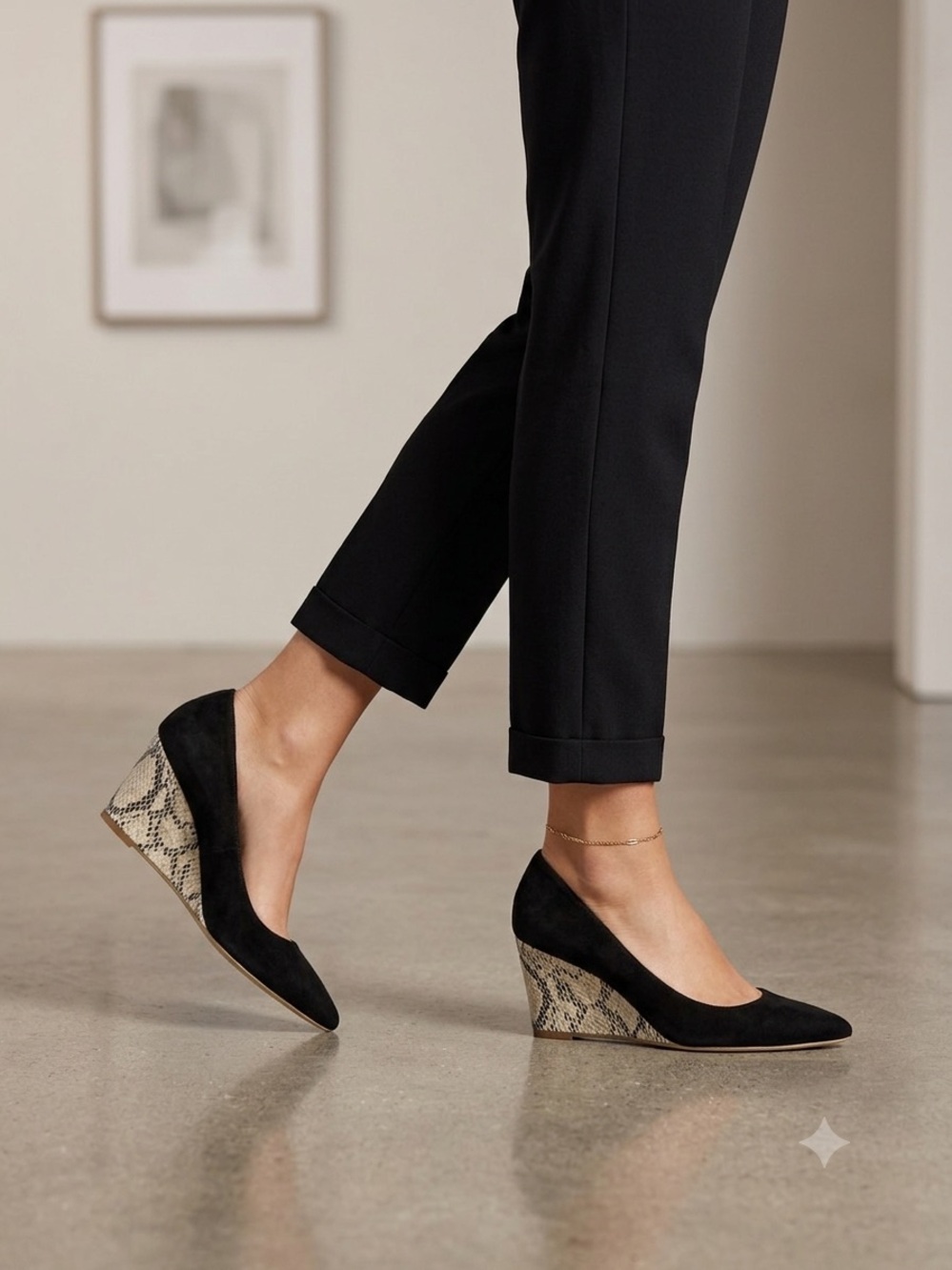 Calvin Klein Black Suede Wedges with Snake-Print Heel